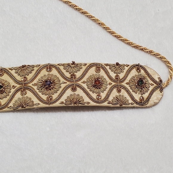 VINTAGE 60s Silk Gold Silver Metal Filigree Embroidered Tassle Tie-Waist Belt - Picture 5 of 11